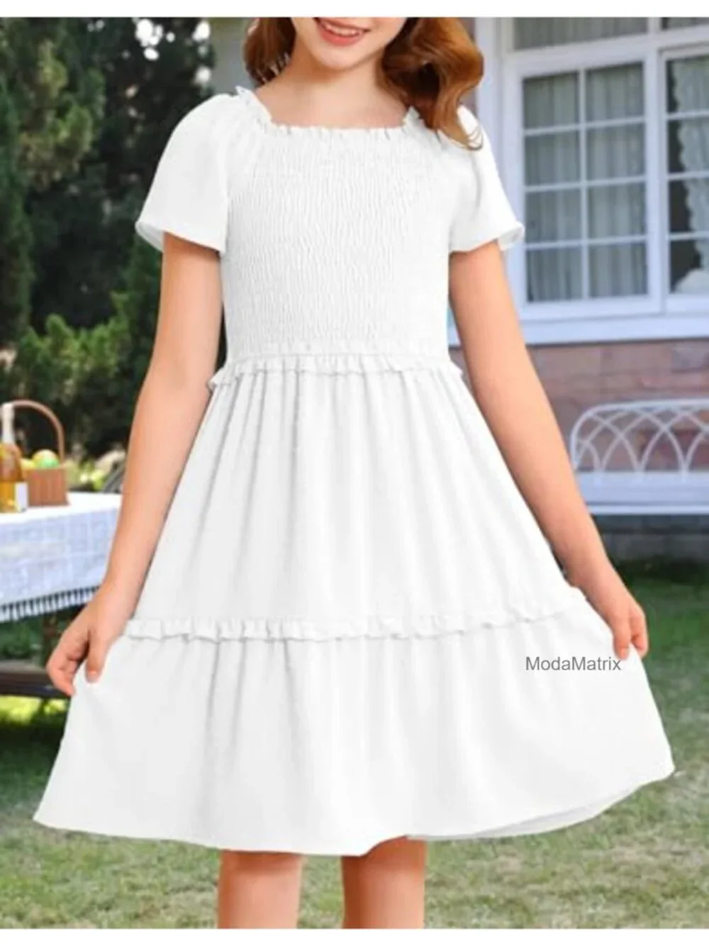 Girls Boho Swiss Dot Smocked Square Neck Ruffle Tiered Midi Dress with Pockets